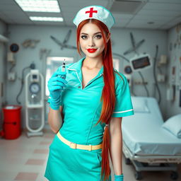 A sexy nurse girl with white skin wearing a short aqua green nurse dress that features a big neckline and a mini skirt