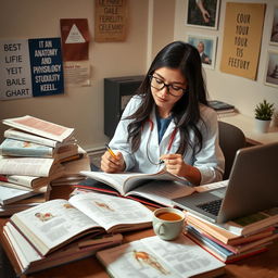 A female medical student surrounded by a pile of textbooks in a cozy study space