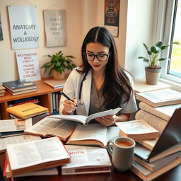 A female medical student surrounded by a pile of textbooks in a cozy study space
