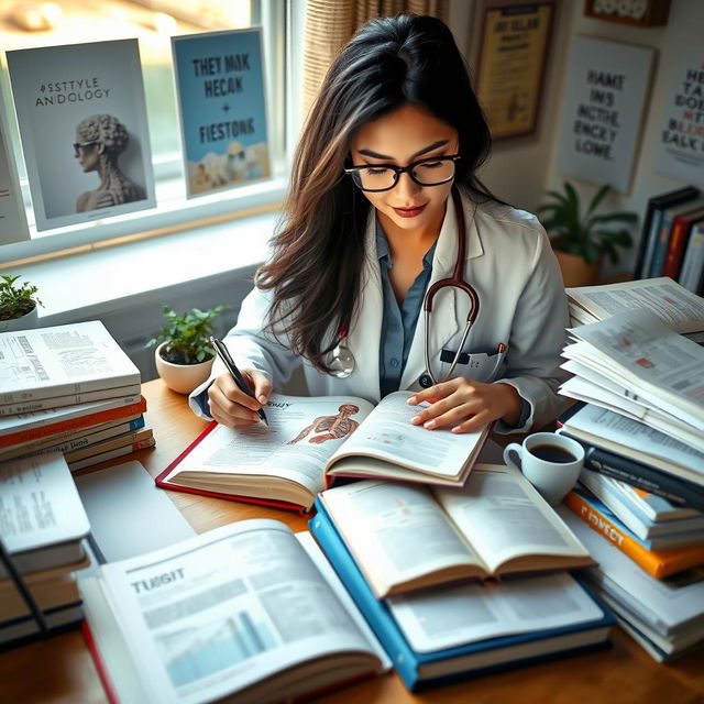 A female medical student surrounded by a pile of textbooks in a cozy study space