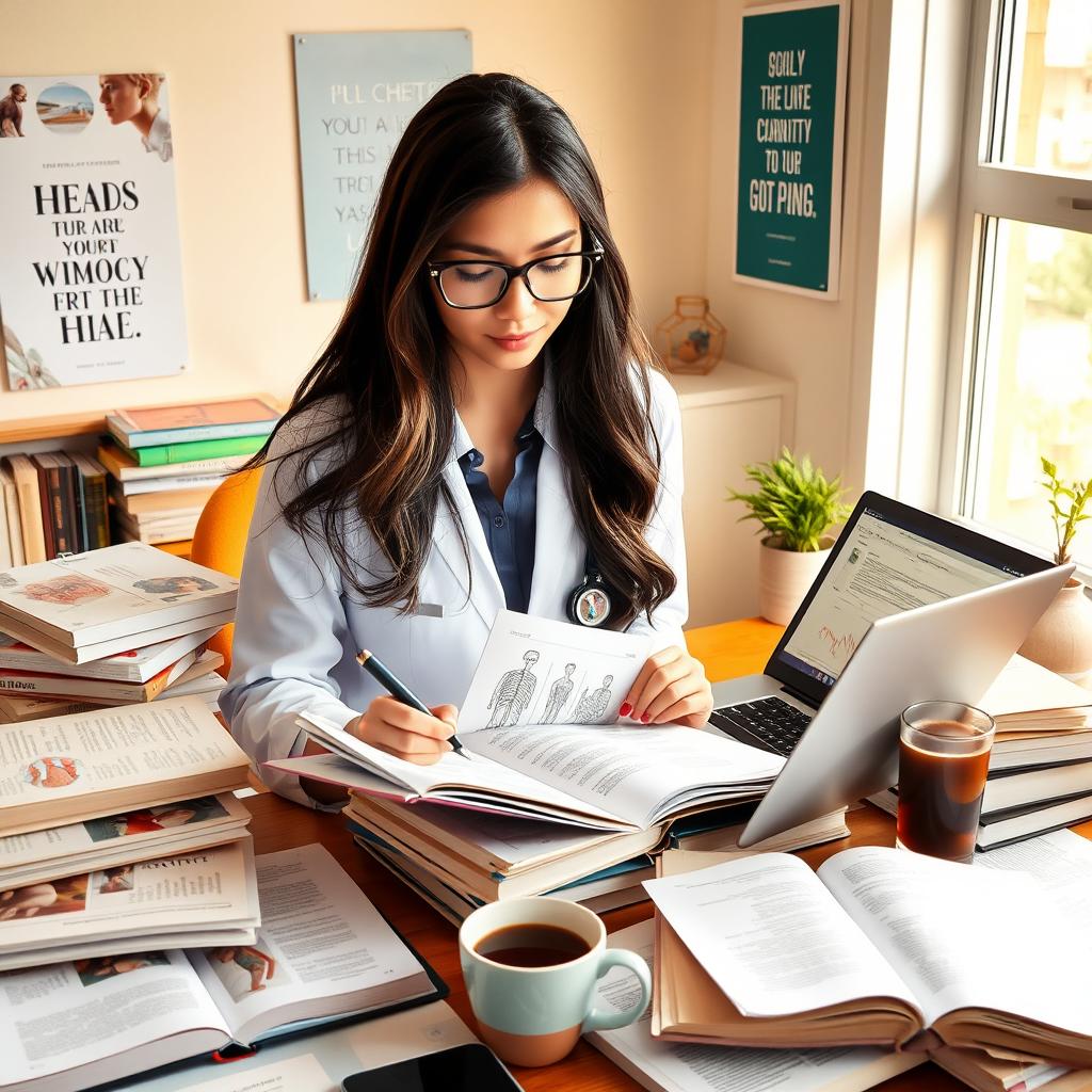 A female medical student surrounded by a pile of textbooks in a cozy study space