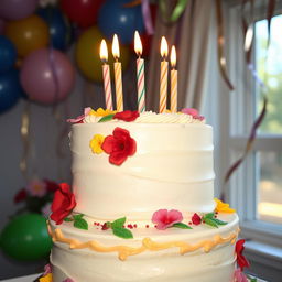 A beautifully decorated birthday cake with multiple tiers, covered in smooth fondant and adorned with colorful edible flowers and intricate piping details