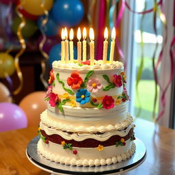 A beautifully decorated birthday cake with multiple tiers, covered in smooth fondant and adorned with colorful edible flowers and intricate piping details