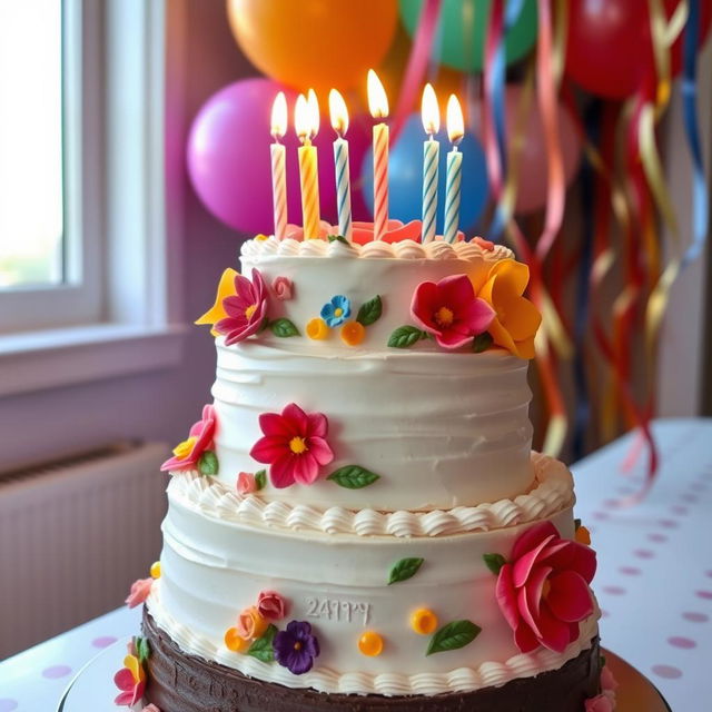 A beautifully decorated birthday cake with multiple tiers, covered in smooth fondant and adorned with colorful edible flowers and intricate piping details