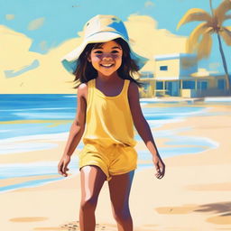 A high-quality digital art image capturing a young girl at the beach