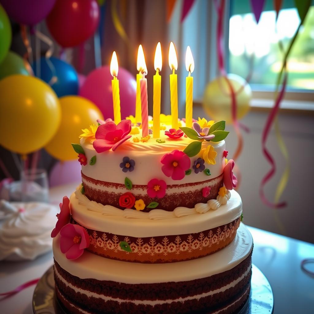 A beautifully decorated birthday cake with multiple tiers, covered in smooth fondant and adorned with colorful edible flowers and intricate piping details