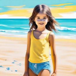 A high-quality digital art image capturing a young girl at the beach