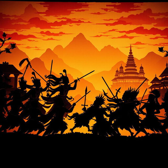 A dramatic and vibrant depiction of the 'Perang Bhatarayudha' (the battle of Bhatarayudha) in a traditional wayang (shadow puppet) Kamasan style