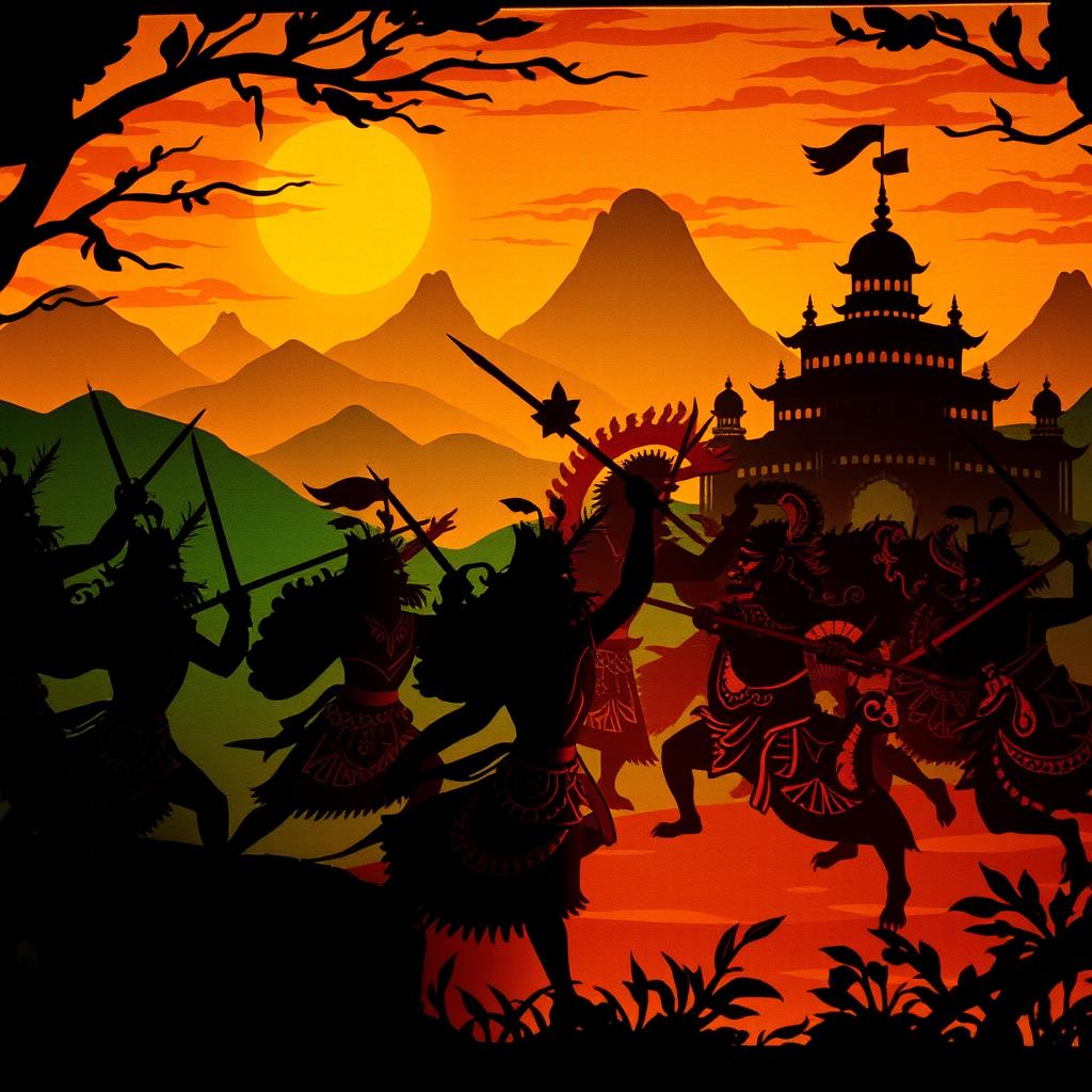 A dramatic and vibrant depiction of the 'Perang Bhatarayudha' (the battle of Bhatarayudha) in a traditional wayang (shadow puppet) Kamasan style