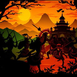 A dramatic and vibrant depiction of the 'Perang Bhatarayudha' (the battle of Bhatarayudha) in a traditional wayang (shadow puppet) Kamasan style