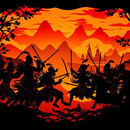 A dramatic and vibrant depiction of the 'Perang Bhatarayudha' (the battle of Bhatarayudha) in a traditional wayang (shadow puppet) Kamasan style