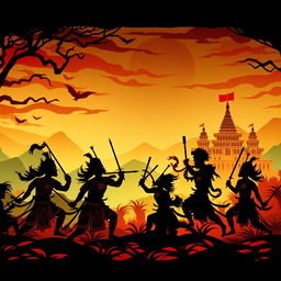 A dramatic and vibrant depiction of the 'Perang Bhatarayudha' (the battle of Bhatarayudha) in a traditional wayang (shadow puppet) Kamasan style