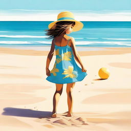 A high-quality digital art image capturing a young girl at the beach