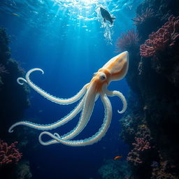 A highly detailed and realistic image of a squid gracefully swimming in the deep blue sea, surrounded by vibrant coral reefs and various marine life