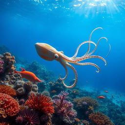 A highly detailed and realistic image of a squid gracefully swimming in the deep blue sea, surrounded by vibrant coral reefs and various marine life