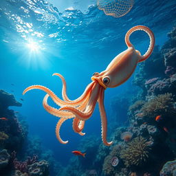 A highly detailed and realistic image of a squid gracefully swimming in the deep blue sea, surrounded by vibrant coral reefs and various marine life