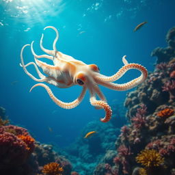 A highly detailed and realistic image of a squid gracefully swimming in the deep blue sea, surrounded by vibrant coral reefs and various marine life