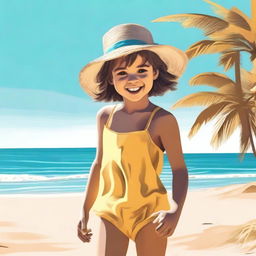 A high-quality digital art image capturing a young girl at the beach