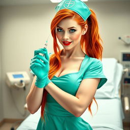 A sexy white-skinned nurse girl in a short aqua green nurse dress with a big neckline and mini skirt, complemented by light pink pantyhose and a classic nurse hat