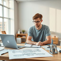 A male engineering student in a bright and modern study environment, dressed in a casual t-shirt and jeans