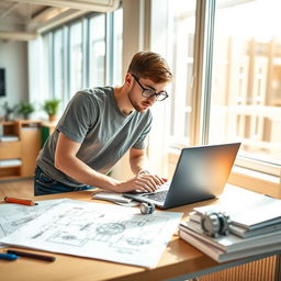 A male engineering student in a bright and modern study environment, dressed in a casual t-shirt and jeans