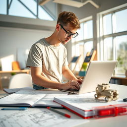 A male engineering student in a bright and modern study environment, dressed in a casual t-shirt and jeans