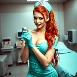 A sexy white-skinned nurse girl in a short aqua green nurse dress with a big neckline and mini skirt, paired with light pink pantyhose and a classic nurse hat