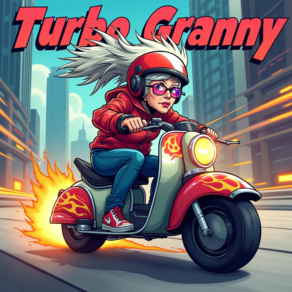A vibrant and colorful anime-style illustration featuring a character named 'Turbo Granny'