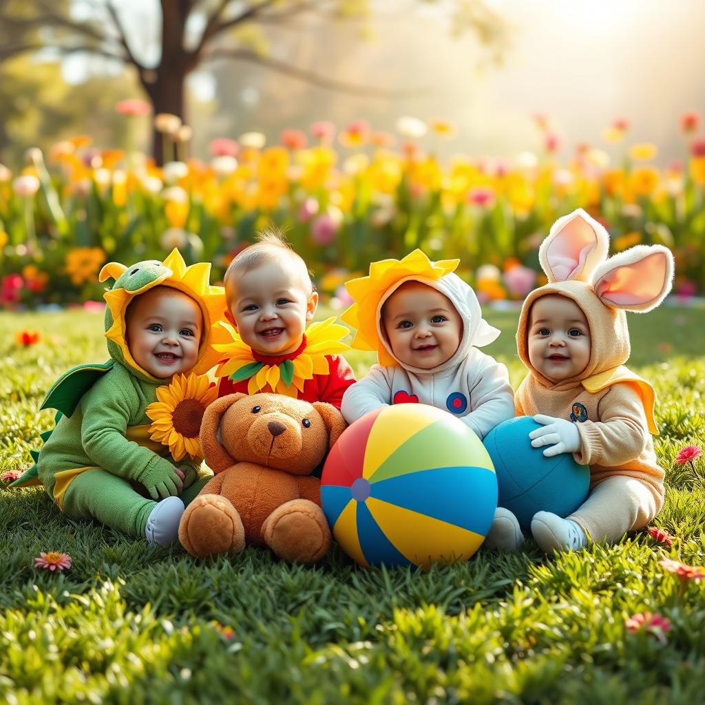 A whimsical scene featuring adorable babies dressed in a variety of colorful costumes, including a cute little dragon, a cheerful sunflower, a tiny astronaut, and a playful bunny