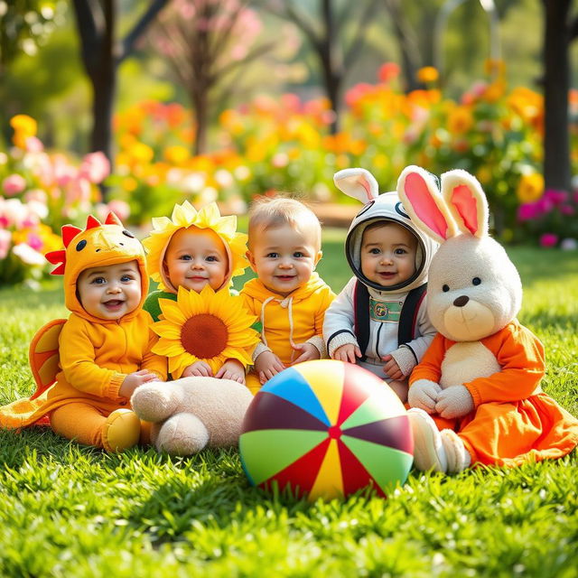 A whimsical scene featuring adorable babies dressed in a variety of colorful costumes, including a cute little dragon, a cheerful sunflower, a tiny astronaut, and a playful bunny