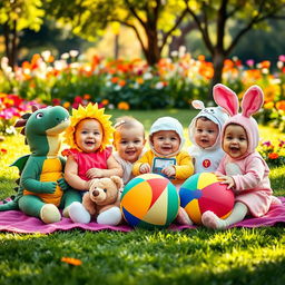 A whimsical scene featuring adorable babies dressed in a variety of colorful costumes, including a cute little dragon, a cheerful sunflower, a tiny astronaut, and a playful bunny
