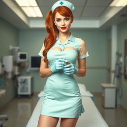 A sexy white-skinned nurse girl in a short aqua green nurse dress with a big neckline and mini skirt, paired with light pink pantyhose and a classic nurse hat