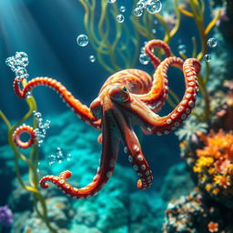 A beautifully detailed and realistic image of an octopus gliding through the crystal clear waters of the sea