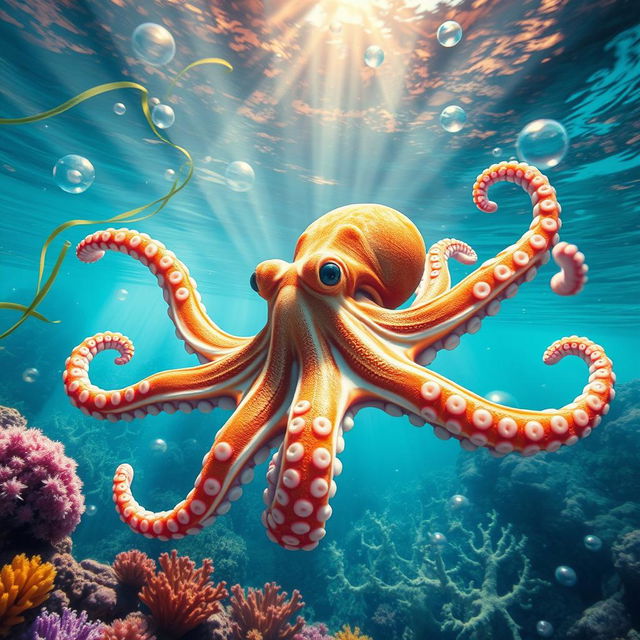 A beautifully detailed and realistic image of an octopus gliding through the crystal clear waters of the sea