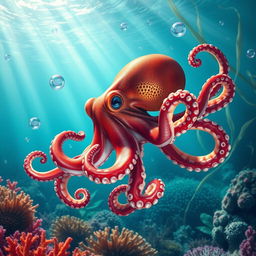 A beautifully detailed and realistic image of an octopus gliding through the crystal clear waters of the sea