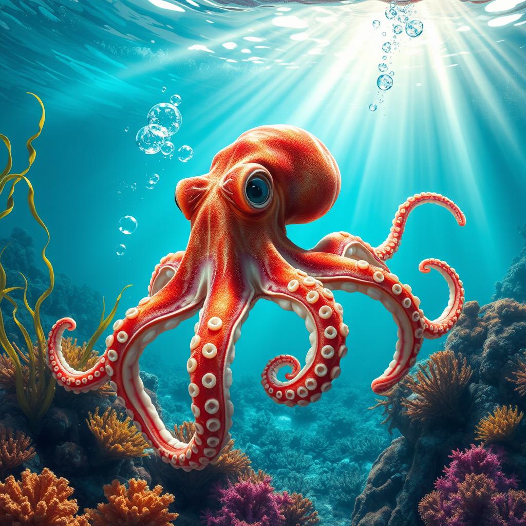 A beautifully detailed and realistic image of an octopus gliding through the crystal clear waters of the sea