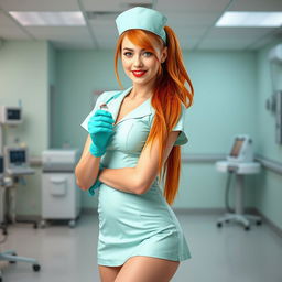 A sexy white-skinned nurse girl in a short aqua green nurse dress with a big neckline and mini skirt, complemented by light pink pantyhose and a classic nurse hat