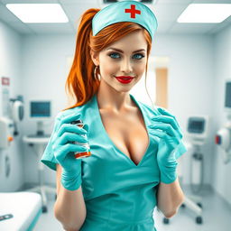 A sexy white-skinned nurse girl in a short aqua green nurse dress with a big neckline and mini skirt, complemented by light pink pantyhose and a classic nurse hat
