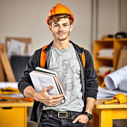 A male engineering student standing confidently, wearing a safety helmet (hard hat) and casual clothing