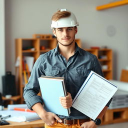 A male engineering student standing confidently, wearing a safety helmet (hard hat) and casual clothing