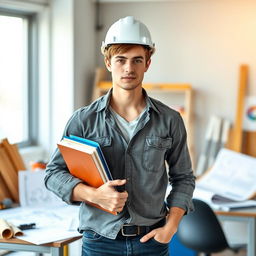 A male engineering student standing confidently, wearing a safety helmet (hard hat) and casual clothing