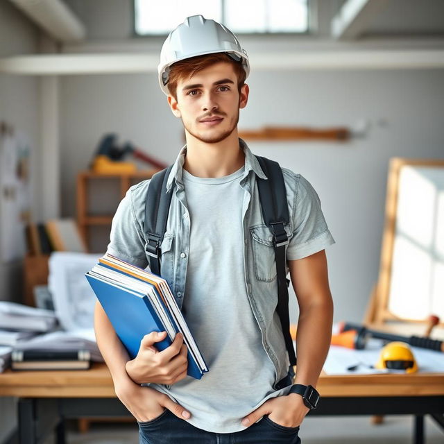 A male engineering student standing confidently, wearing a safety helmet (hard hat) and casual clothing