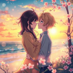 A beautifully designed, vibrant artwork showcasing a romantic scene between two individuals, representing the essence of love and connection