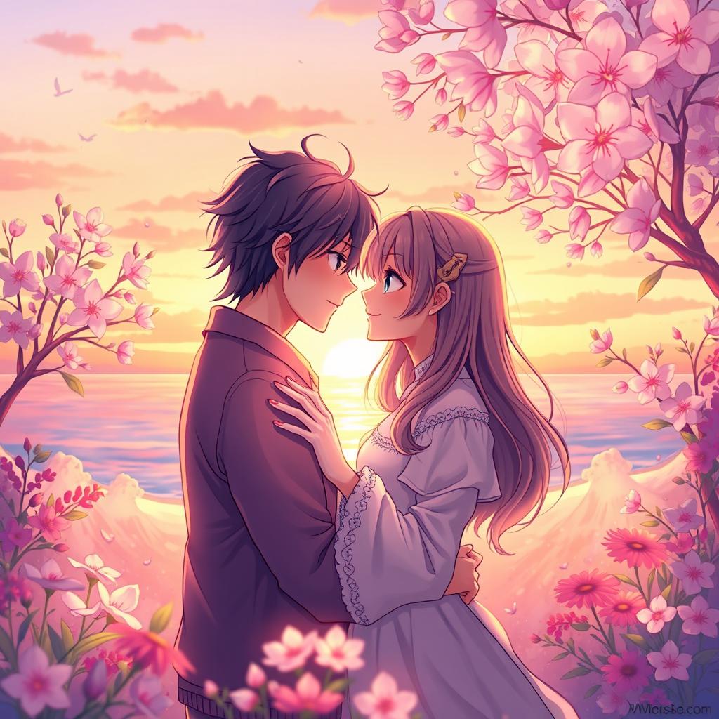 A beautifully designed, vibrant artwork showcasing a romantic scene between two individuals, representing the essence of love and connection