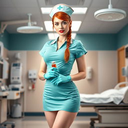 A sexy white-skinned nurse girl in a short aqua green nurse dress with a prominent neckline and mini skirt, paired with light pink pantyhose and a stylish nurse hat