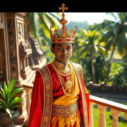A young Sri Lankan king dressed in traditional royal attire, adorned with intricate golden jewelry and a majestic crown