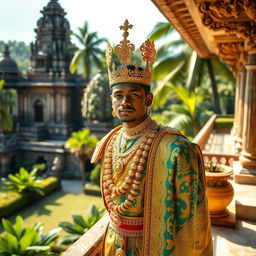 A young Sri Lankan king dressed in traditional royal attire, adorned with intricate golden jewelry and a majestic crown