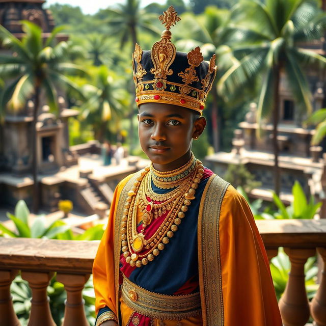 A young Sri Lankan king dressed in traditional royal attire, adorned with intricate golden jewelry and a majestic crown