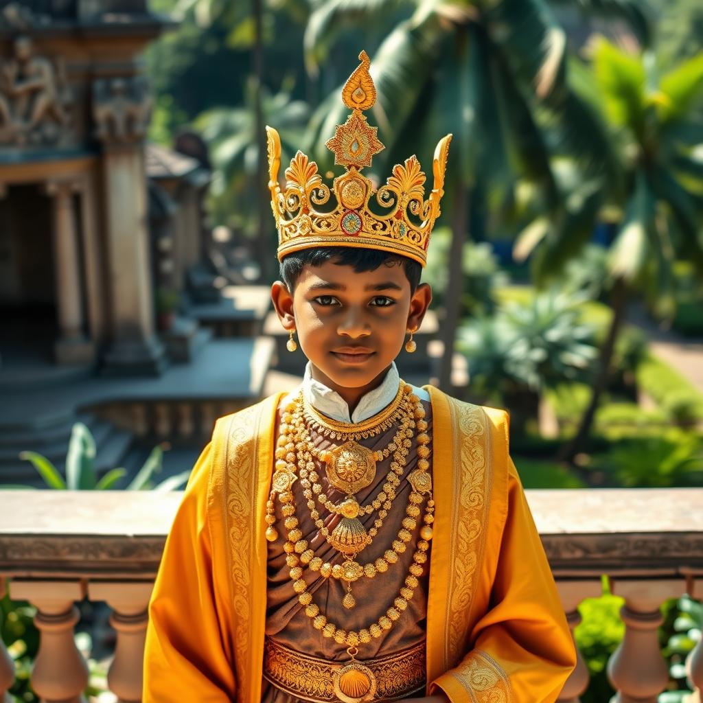 A young Sri Lankan king dressed in traditional royal attire, adorned with intricate golden jewelry and a majestic crown