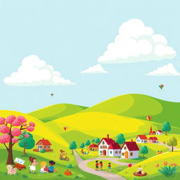 A vibrant cartoon-style illustration of a picturesque landscape featuring rolling green hills, a bright blue sky with fluffy white clouds, and a small, cheerful village with colorful houses